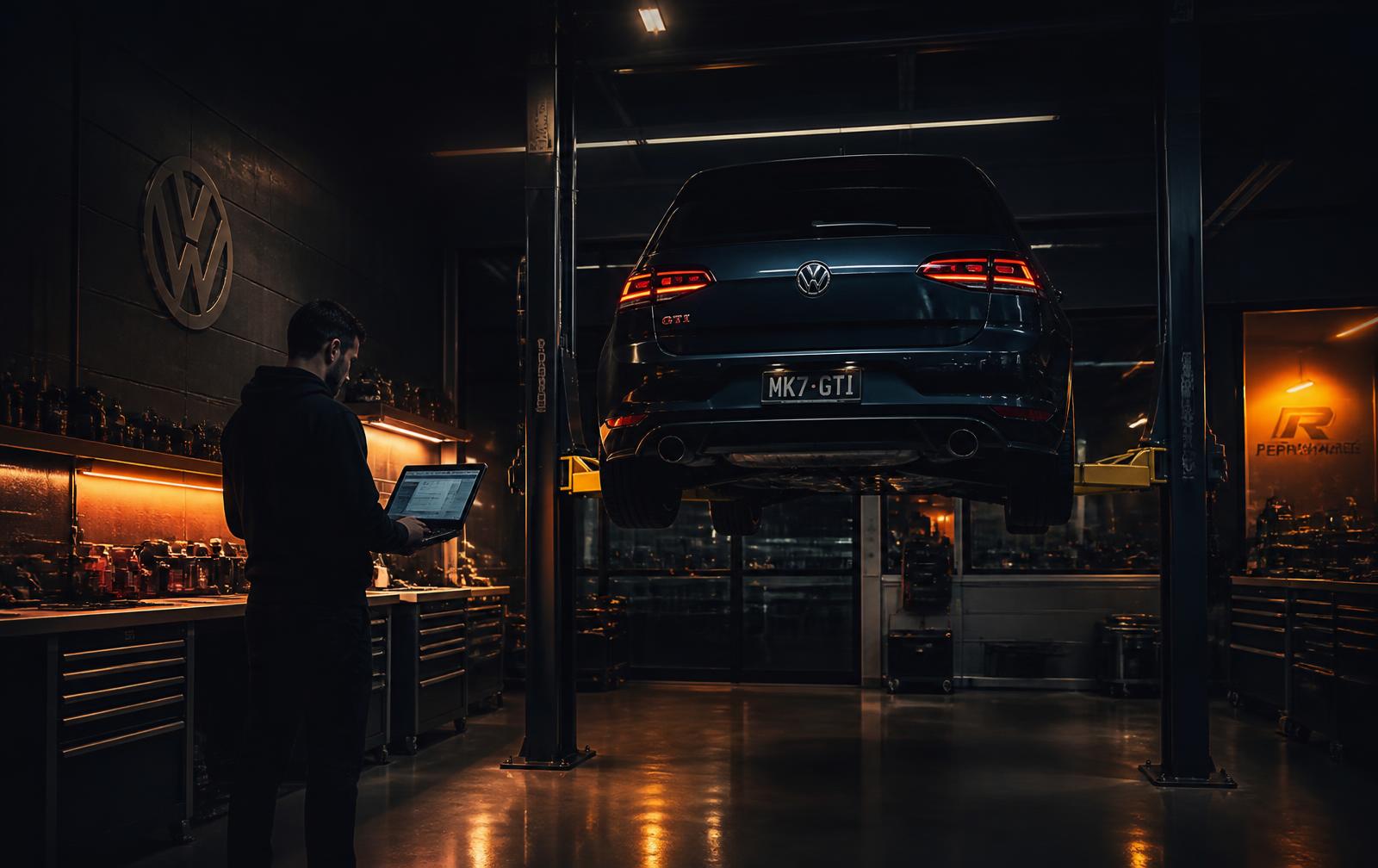 Volkswagen Golf GTI no elevador da oficina JotaCar durante diagnóstico
